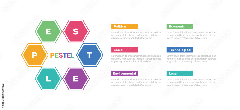 PESTEL analysis infographics template diagram with hexagon outline create star shape with 6 point step creative design for slide presentation