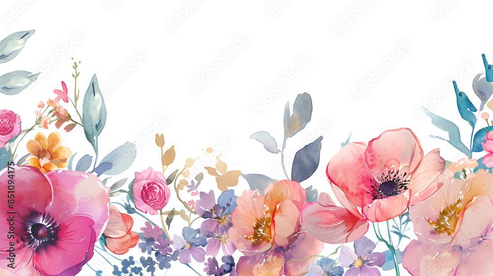 Fototapeta premium Watercolor flowers isolated on white background, floral illustration for cards