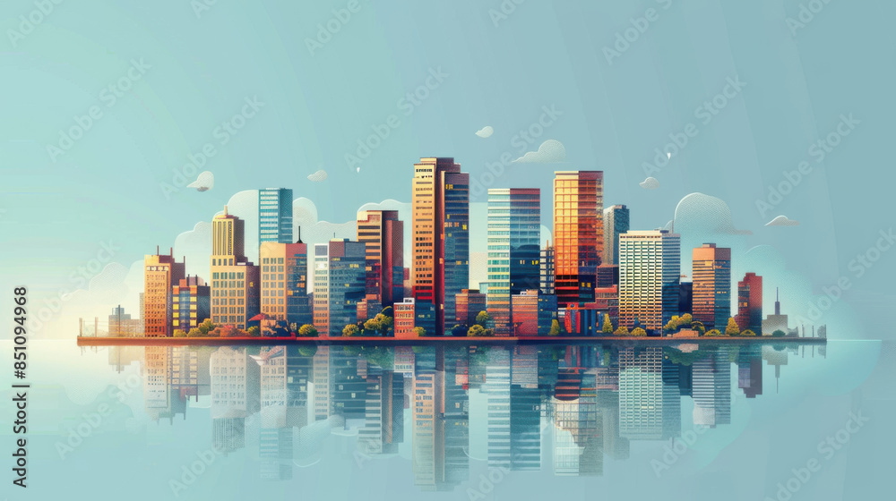 Fototapeta premium A vibrant cityscape with high-rise buildings reflecting on calm water, showcasing urban beauty and tranquility.