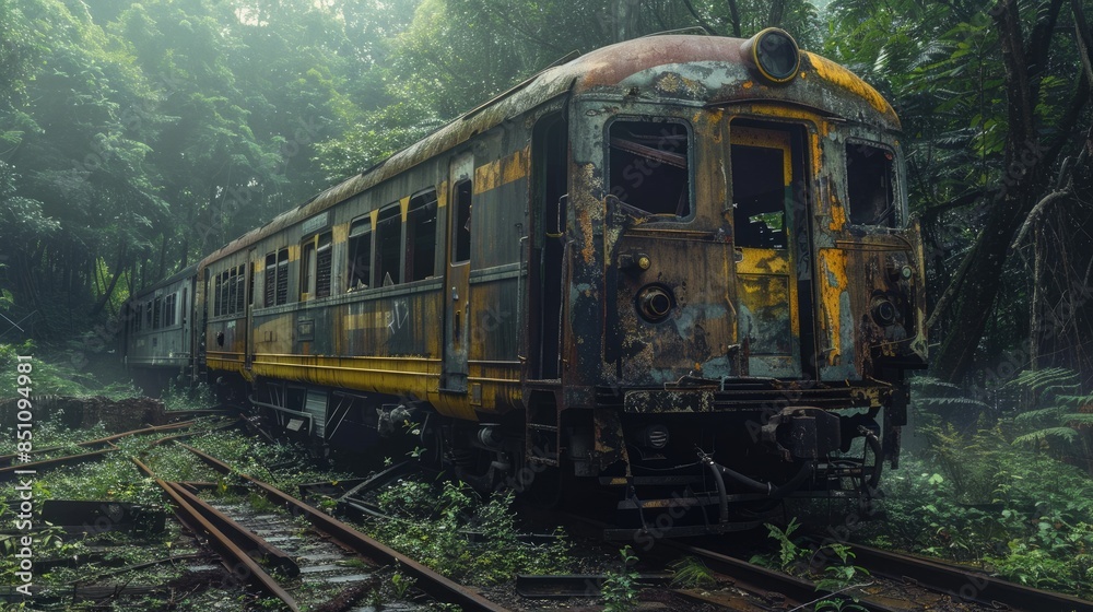 Obraz premium The dilapidated train wreckage appears frightening