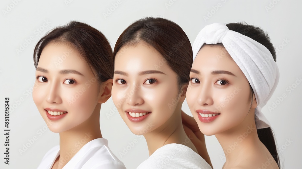 Three smiling Asian women posing for a portrait in a studio setting. Three smiling Asian women posing for a portrait in a studio setting.