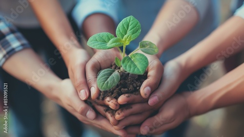 Multiple hands holding a small green plant sapling outdoors. photo