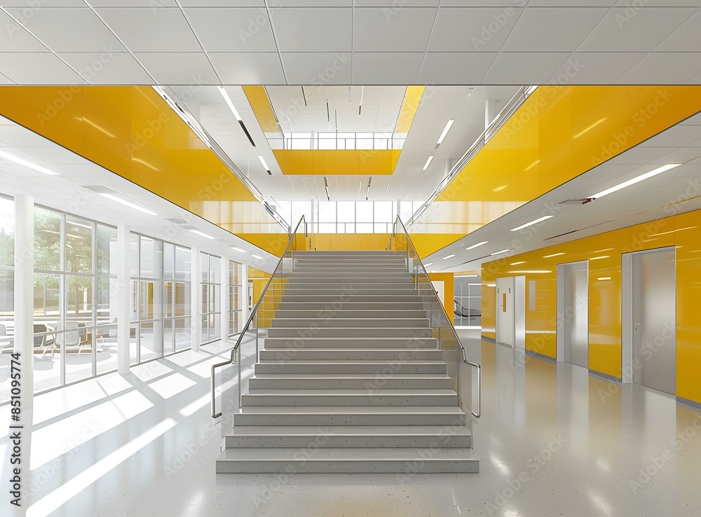 Fototapeta premium Modern Interior Design with Yellow Walls and Staircase