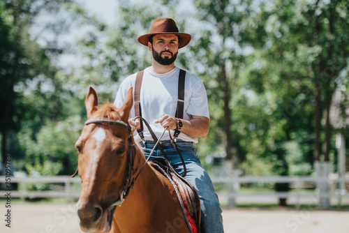 Man horseback riding outdoors on a sunny day, dressed casually in a white t-shirt and brown hat. The setting is serene with greenery in the background.