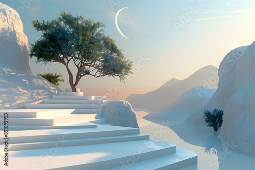 White surreal landscape with a tree and a crescent moon