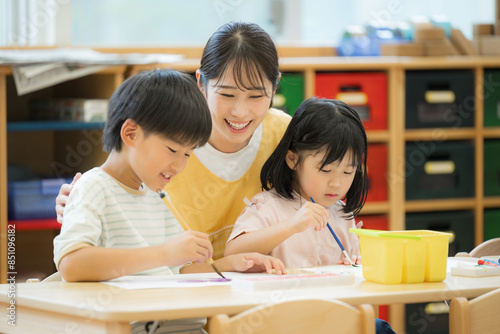 Plakat 学童や放課後デイサービス等で勉強をする先生と生徒 小学生複数と見守る先生