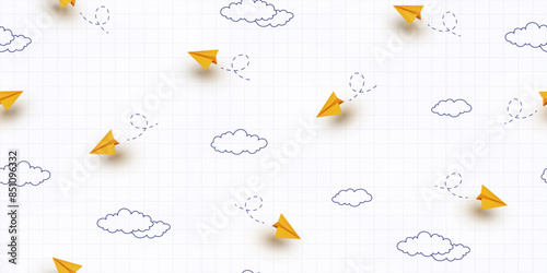 School notebook background. 3d flying yellow paper airplanes, children origami toys seamless pattern. Vector cartoon kids planes in air and drawing clouds