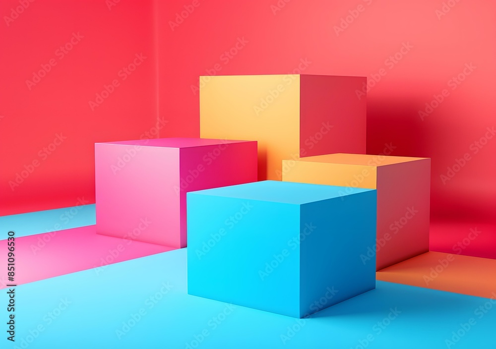 Four 3D cubes of different colors on a pink and blue background Four 3D cubes of different colors on a pink and blue background