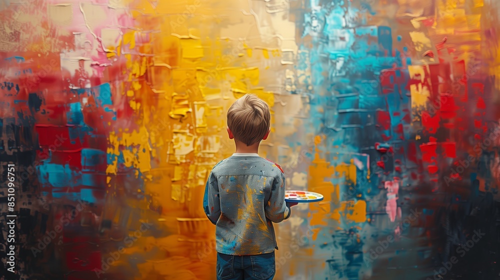 Obraz premium A young boy, wearing a paint-splattered smock, stands in front of a large abstract painting, holding a palette in his hand. He is admiring the artwork, and the colors of the canvas reflect in his eyes