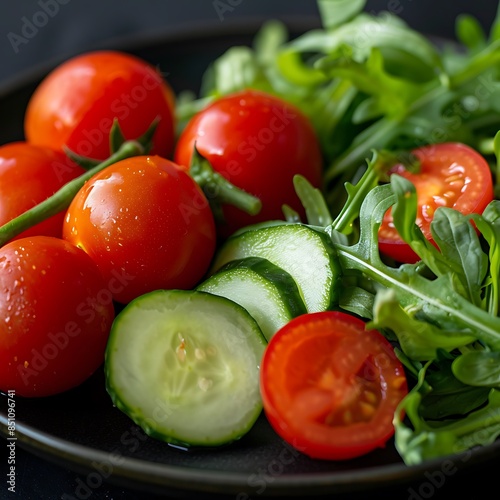 Fresh Ingredients on Black Plate Tomato, Cucumber, and Arugula Salad
