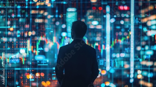 A man stands in front of a computer screen with a city view