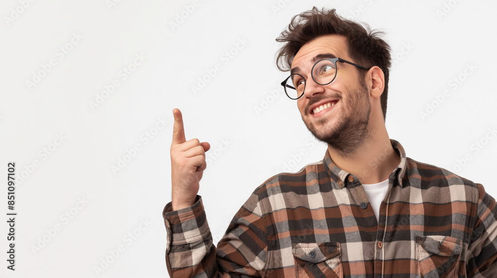 Human smiling pointing at something isolated on white background Human smiling pointing at something isolated on white background