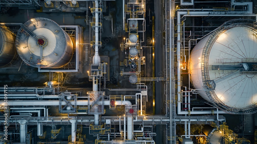 Industrial Complex Aerial View: Factory Infrastructure, Oil Refinery, Modern Industry 4.0 Network, And Large Plant With Pipes And Tanks, Cloud Computing Concept, Top View Industrial Complex Aerial View: Factory Infrastructure, Oil Refinery, Modern Industry 4.0 Network, And Large Plant With Pipes And Tanks, Cloud Computing Concept, Top View