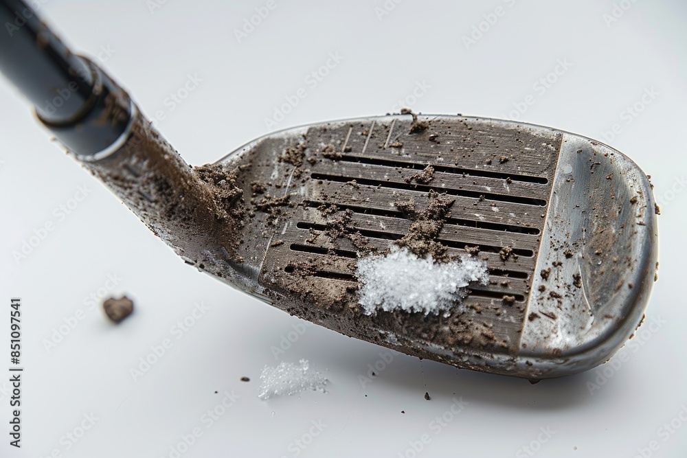 Fototapeta premium A dirty golf club with a snowflake on it. The club is covered in mud and snow, and the snowflake is on the head of the club