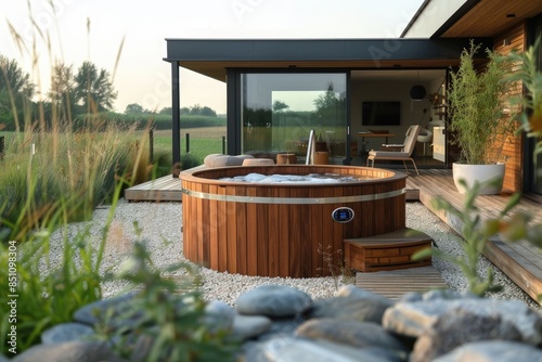 A wooden hot tub with a blue sticker on it is in a backyard. The hot tub is surrounded by rocks and plants, and there is a patio area with a dining table and chairs