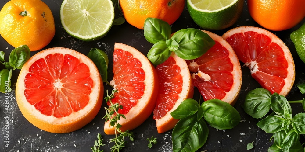 grapefruit and lime slices with basil leaves grapefruit and lime slices with basil leaves