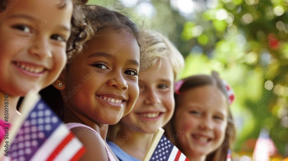 diverse kids holding small American flags for Fourth of July celebration - patriotism - childhood joy - national unity diverse kids holding small American flags for Fourth of July celebration - patriotism - childhood joy - national unity