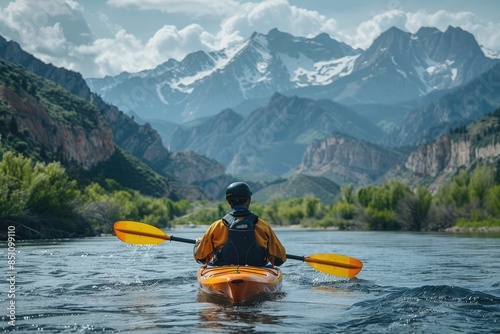 Wallpaper Mural A man in a yellow kayak paddles down a river. The mountains in the background create a sense of adventure and excitement Torontodigital.ca
