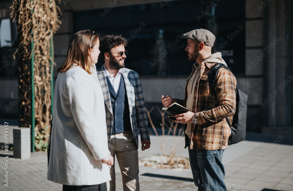 A group of young business professionals engaged in a strategic discussion outdoors, analyzing market trends. A group of young business professionals engaged in a strategic discussion outdoors, analyzing market trends.