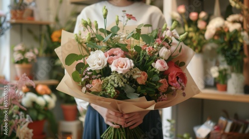 A woman holds a bouquet of pink, white, and red flowers wrapped in brown paper at a flower shop, with other arrangements in the background. © Prostock-studio