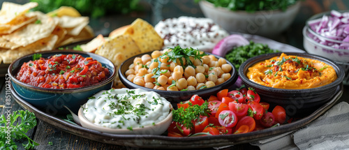 A tray of food with a variety of dips and vegetables