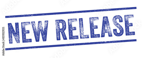 New Release Blue Watermark Stamp isolated on transparent background. Text caption between parallel lines with grunge design style. photo