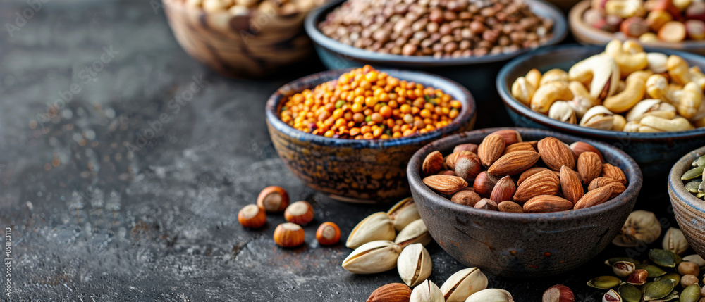 Naklejka premium A variety of nuts and seeds are displayed in bowls on a counter