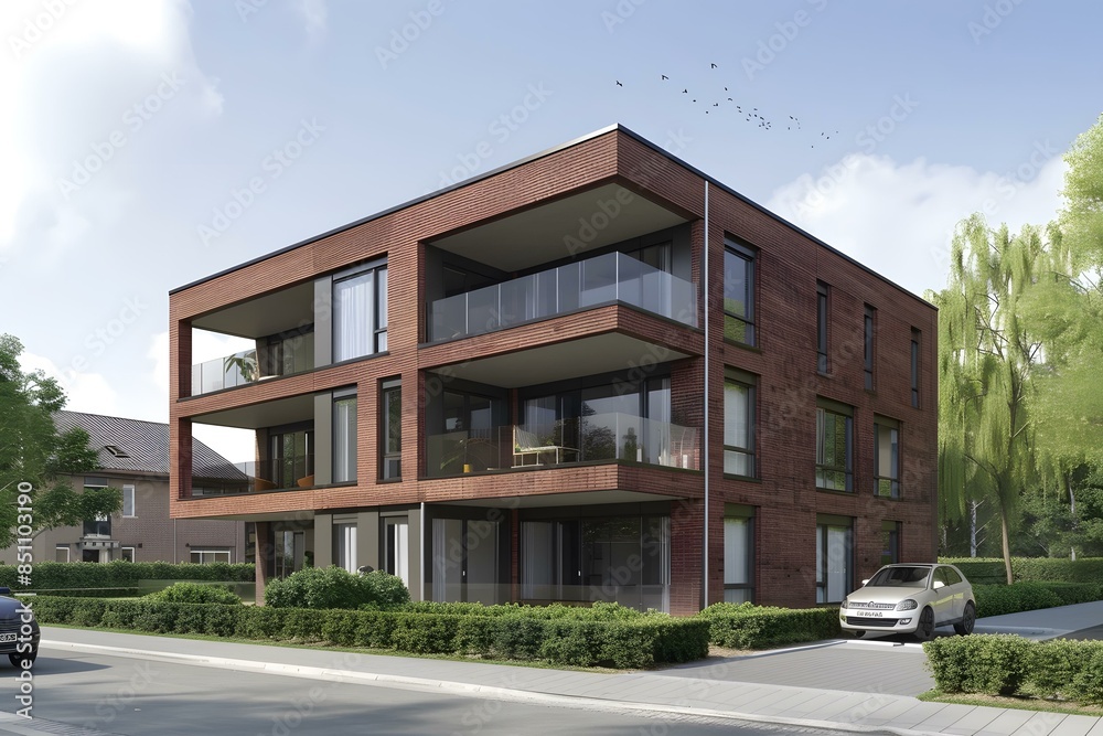 Modern residential building with brick facade Modern residential building with brick facade