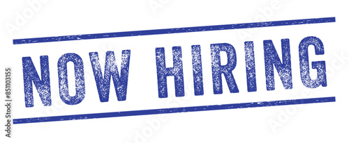 Now Hiring Blue Watermark Stamp isolated on transparent background. Text caption between parallel lines with grunge design style.