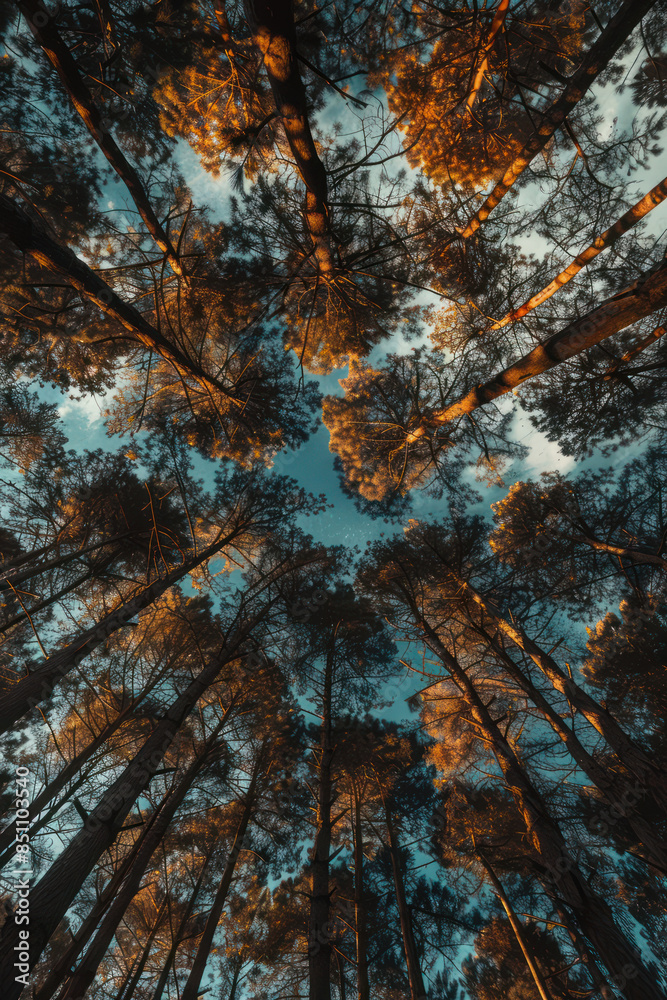 Breathtaking View of Tall Pine Trees Reaching the Sky with Golden Sunlight through their Leaves in a Serene Forest Environment Captured from Ground Perspective Inspiring a Sense of Calm and Wonder Breathtaking View of Tall Pine Trees Reaching the Sky with Golden Sunlight through their Leaves in a Serene Forest Environment Captured from Ground Perspective Inspiring a Sense of Calm and Wonder