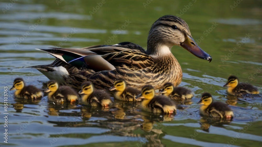 Mama Duck with Baby Ducks. Mother mallard duck keeps her baby ducks close. Mama Duck with Baby Ducks. Mother mallard duck keeps her baby ducks close.