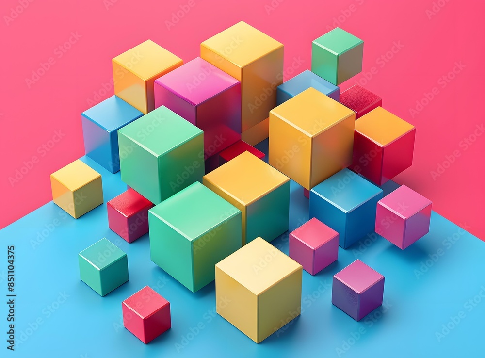 Colorful 3D cubes on blue and pink background Colorful 3D cubes on blue and pink background
