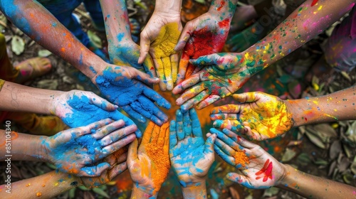 Representation of women's hands holding each other in unity for Women's Day banners. A realistic image of hands together with colorful powder pigments