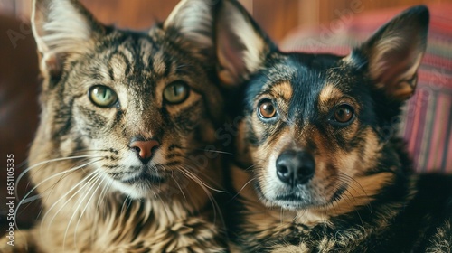 Portrait of a Happy Dog and Cat Looking at the Camera Together, Celebrating Pet Friendship