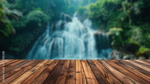 Empty wood table top with blur background of waterfall tropical in summer. The table giving copy space for placing advertising product on the table along with beautiful summer waterfall background.