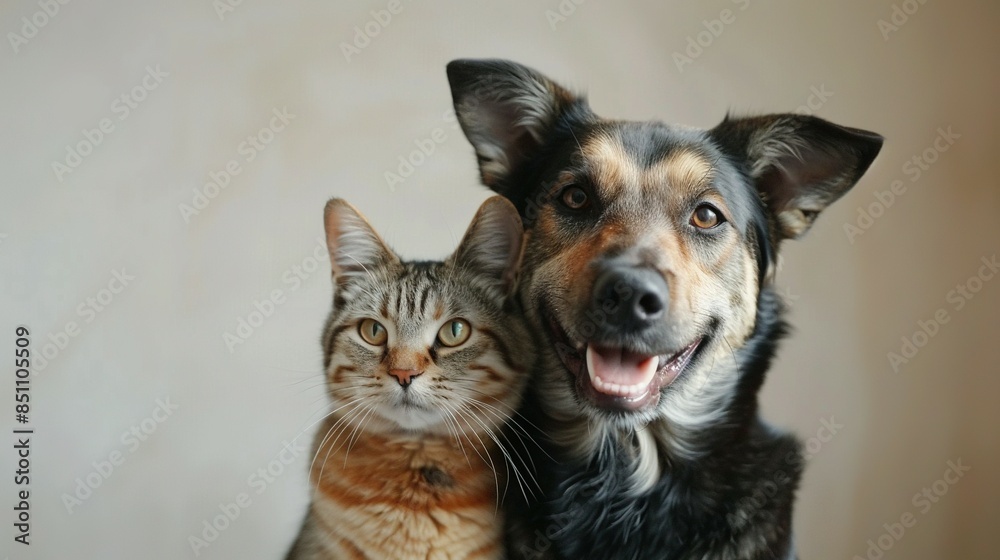 Dog and Cat Friendship: Happy Pets Looking at the Camera Together Dog and Cat Friendship: Happy Pets Looking at the Camera Together