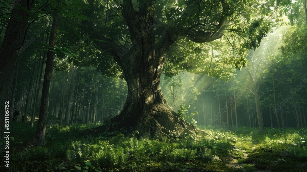 Naklejka premium Large tree at the center of the woodland