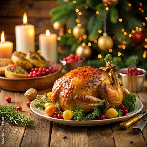 Christmas Dinner. Roasted chicken. Winter Holiday table served, decorated with candles and xmas baubles. Roast turkey over wooden background with Christmas tree, table setting family dinner with gifts