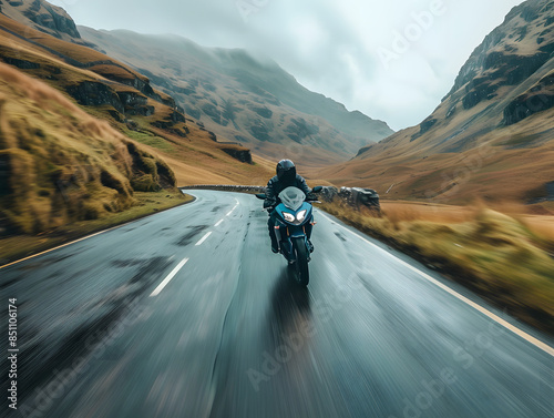 Motion blur shot of motorcycle zooming past