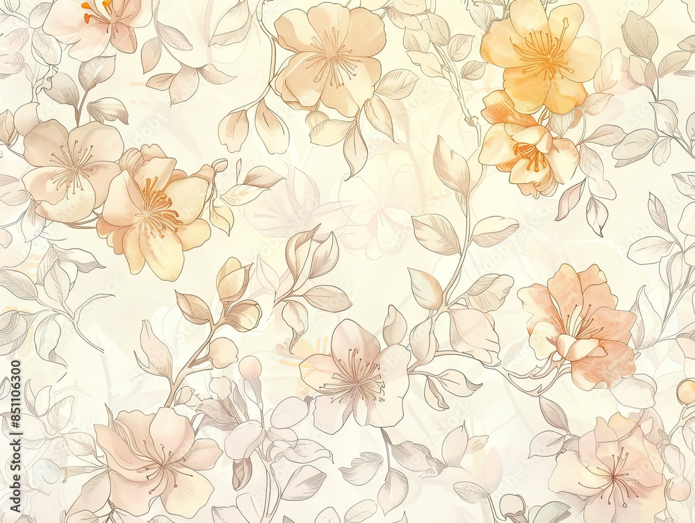 Muted cream floral wallpaper, pastel petals, delicate vines, intricate design, soft natural lighting.