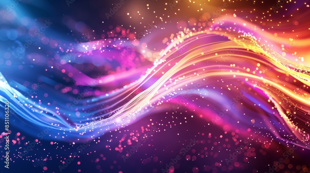 Obraz premium Flowing wavy lines in vibrant blue to purple gradient with sparkling particles