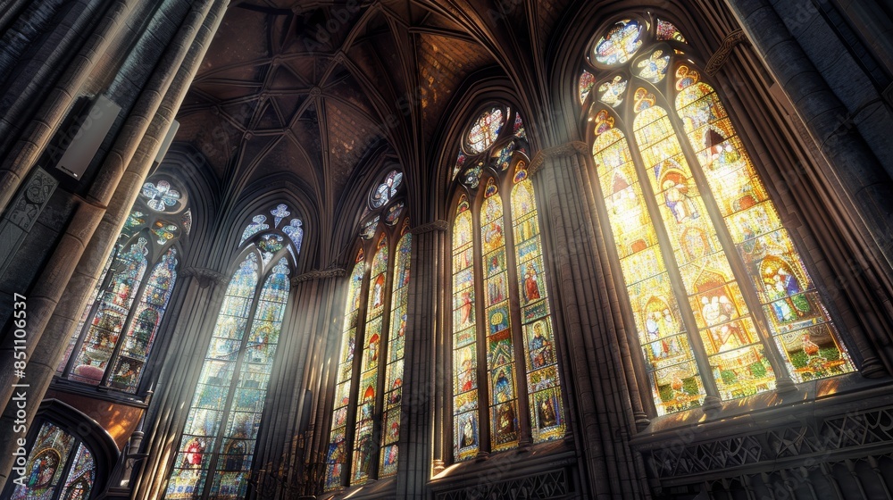 Gothic cathedral interior with tall arches and stained glass windows ...