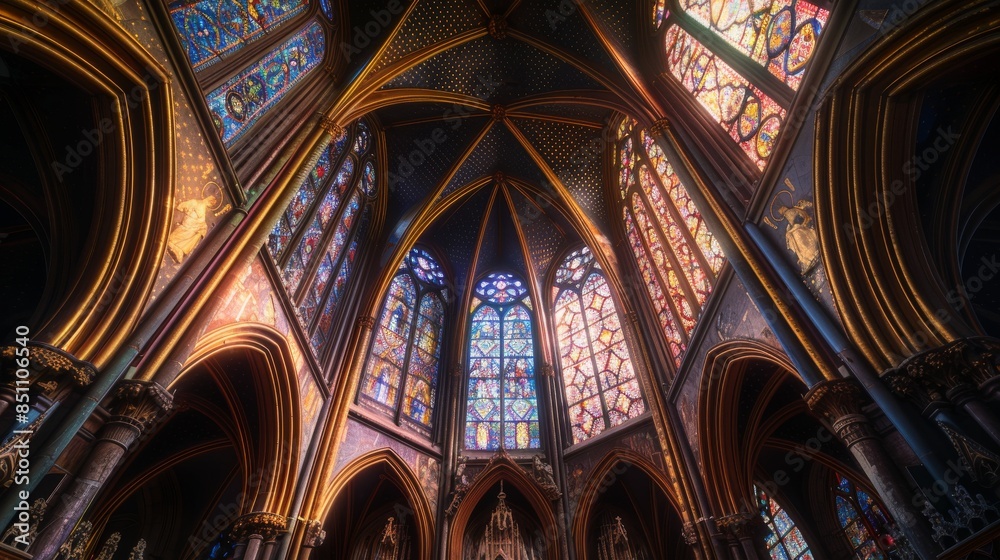 Gothic cathedral interior with tall arches and stained glass windows ...