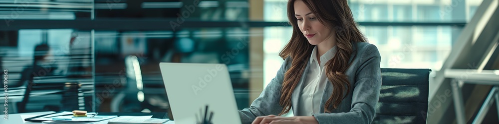 Fototapeta premium A professional woman at work with a laptop in a modern office.