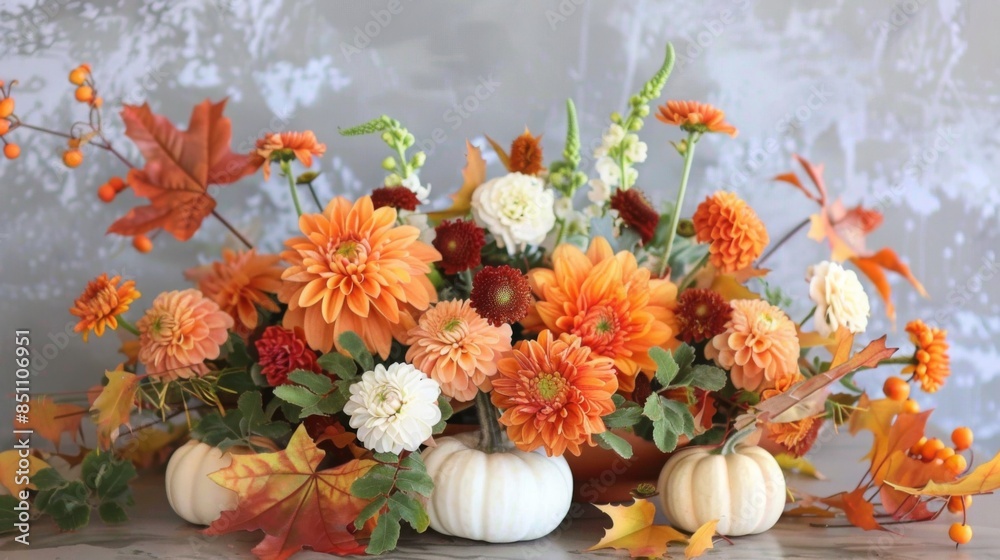 custom made wallpaper toronto digitalA beautiful autumn floral arrangement featuring orange and white flowers, pumpkins, and fall leaves.