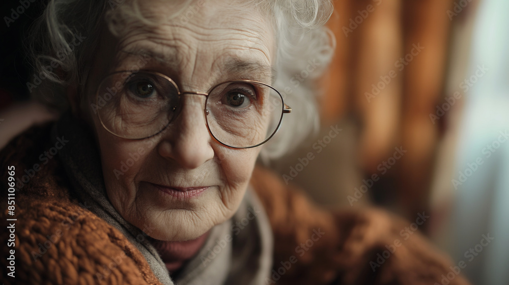 Elderly woman with glasses looking pensive in cozy home setting
Elderly woman with glasses looking pensive in cozy home setting