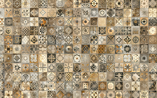 Detailed mosaic wallpaper, earthy tones, tiny tiles forming pictures, soft diffused warm lighting.