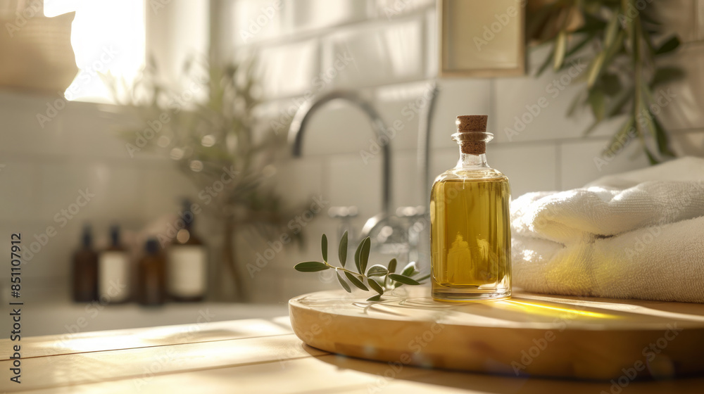 Bottle of olive oil with spa products in sunlight in the bathroom. Close-up wellness background for design and print, homemade skincare routine.