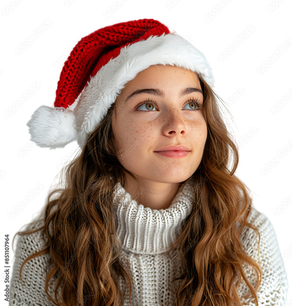Smiling young girl waiting for holiday season. Pretty girl Santa Claus hat looking away on isolated transparent background Smiling young girl waiting for holiday season. Pretty girl Santa Claus hat looking away on isolated transparent background
