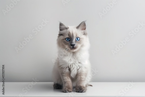  Photo of an adorable ragdoll kitten with blue eyes sitting on a white table against a solid light grey background photo